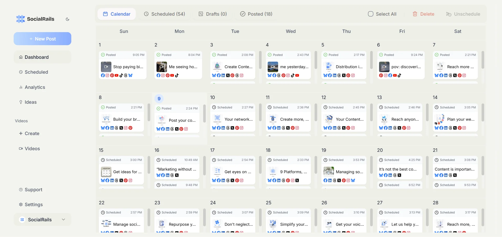 SocialRails scheduling dashboard